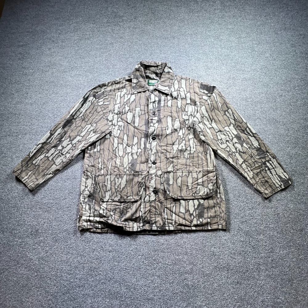 Vintage Saf-T-Bak Hunting Jacket Men's XL Tree Bark Camo Button Front Made USA